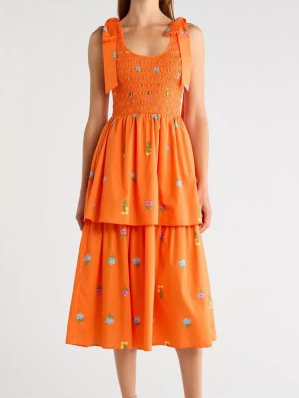 Sugarlips Orange Tiered Midi Dress with Smocked Bodice and Tie Straps